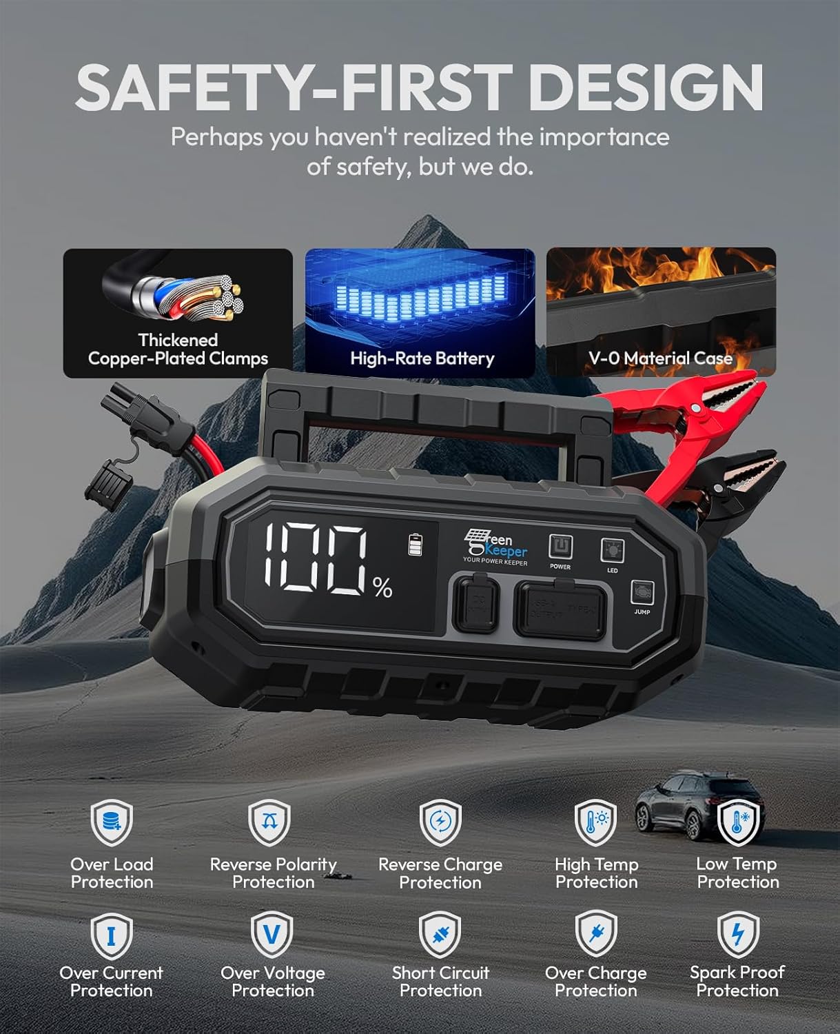 4000A Portable Car Jump Starter: 12V Battery Jumper Box Emergency Kits for 10.0L Car Truck, Auto Booster Start Pack, Fast Charger Power Bank with USB C Ports, LED Light, Smart Protection, GK-J1205