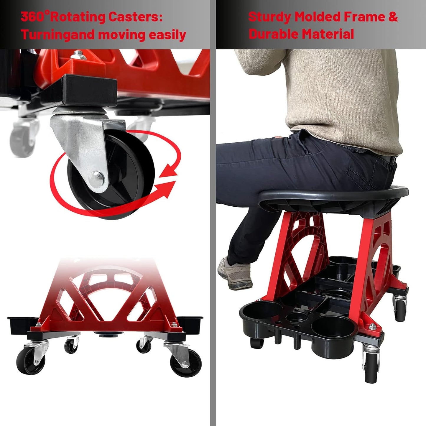 ROBLOCK Durable Mechanic Stool Chair With Wheels, Heavy Duty Garage Shop Rolling Seat, Car Detailing Creeper With Tool Tray for Workshop, Auto Repair Shop and Home