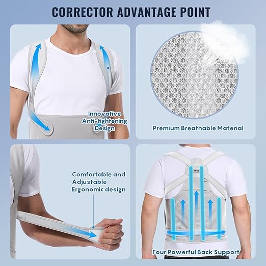 Fit Geno Back Brace Posture Corrector for Men & Women: Shoulder Straightener Adjustable Full Back Support Pain Relief - Scoliosis Hunchback Spine Corrector (Medium)