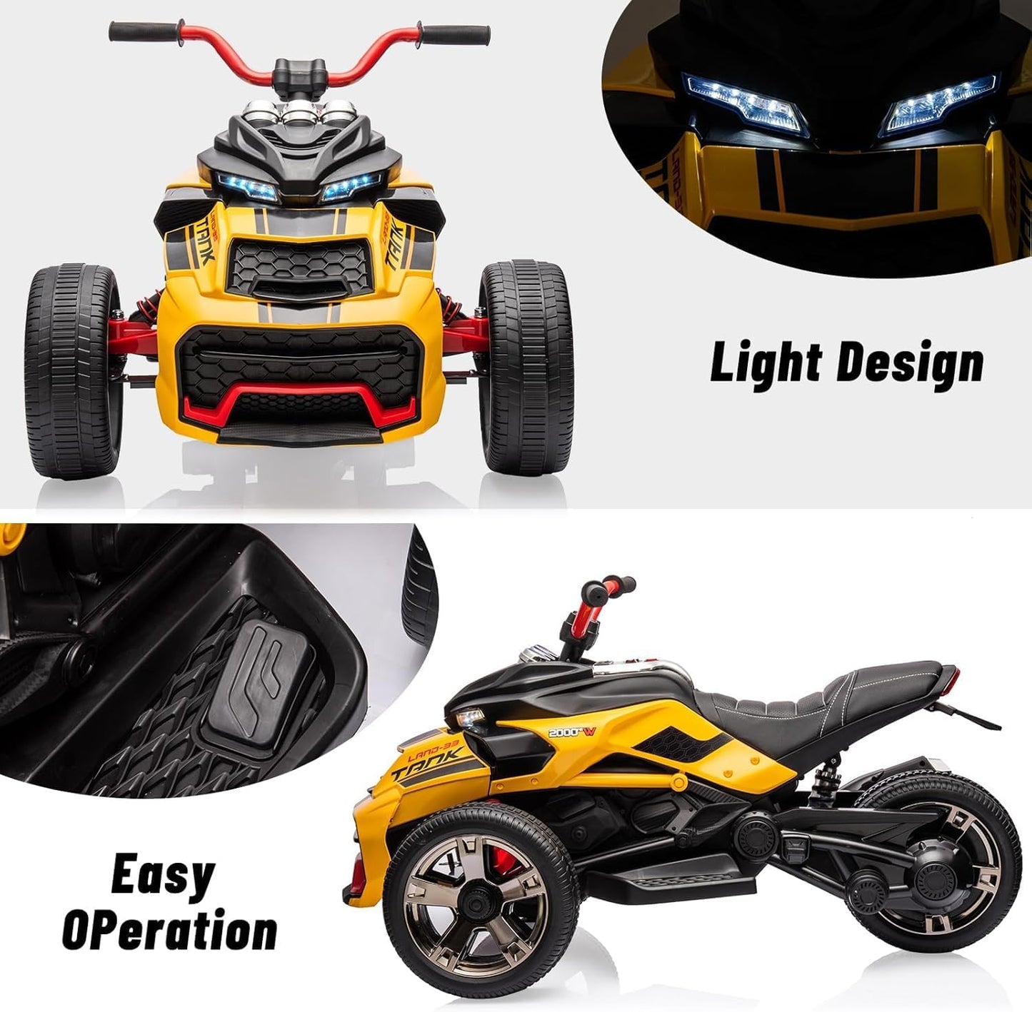 12V Kids Electric Ride-On Car with Parent Remote Control, 7MPH, 2 Speeds, 2x55W Motor, LED Lights, Music, USB & EVA Tires, 3 Wheel Battery Powered Toy Vehicle for Toddlers