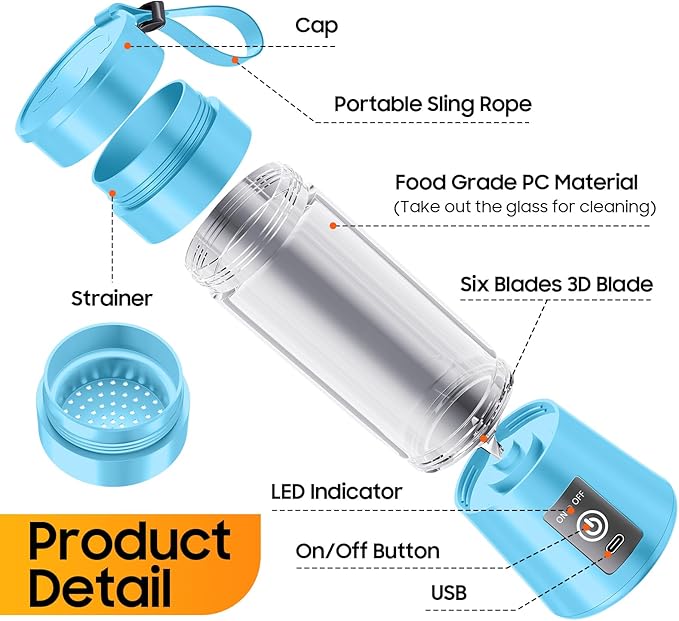 Personal Blender for Shakes and Smoothies - 2025 New Upgrade Cordless Portable Blender USB-C Rechargeable, 380Ml BAP Free Juice Cup, 6 Blades Freshly Squeezed for Picnic/Sprots, 20000Rpm/Min Speed