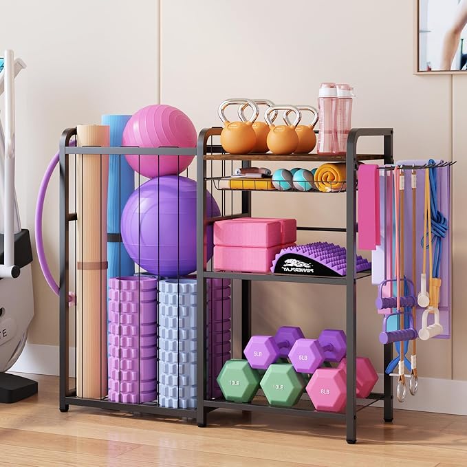 Weight Rack for Home Gym - Exercise Equipment Storage Organizer for Yoga Mat Dumbbells Kettlebells Foam Roller Yoga Strap & Resistance Bands, Ideal Yoga Mat Holder & Workout Equipment Organizer