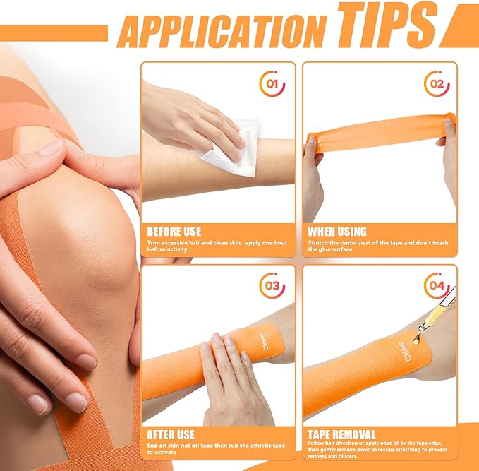 CKeep 4 Rolls Kinesiology Tape, Original Cotton Elastic Athletic Tape, 20 Precut 10" Strips Each, Orange, Ideal for Muscle Support & Injury Prevention