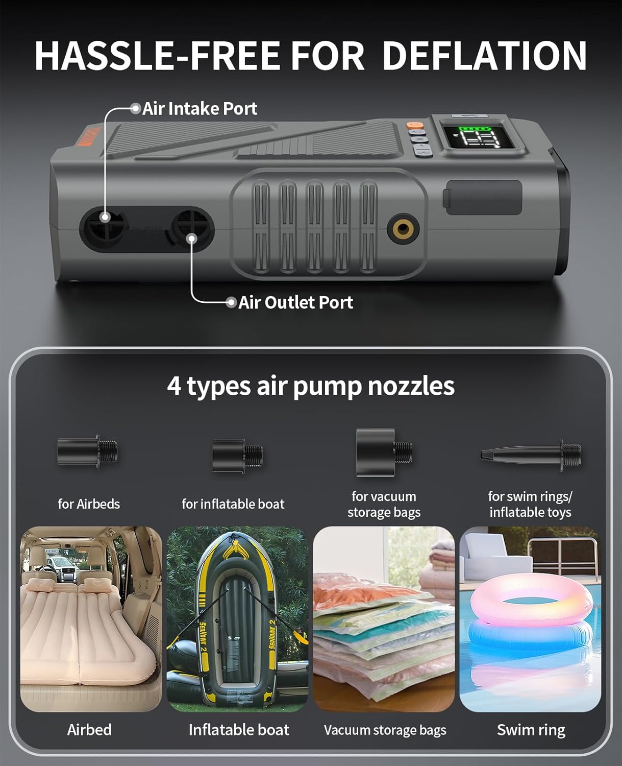 Car Jump Starter with Air Compressor 9000A, 9 in 1 Jumper Box for Car Portable 12V Jump Pack(All Gas/16L Diesel) Combo 150 PSI Tire Inflator & Air Inflator/Deflator Pump w/Extended Jump Cable