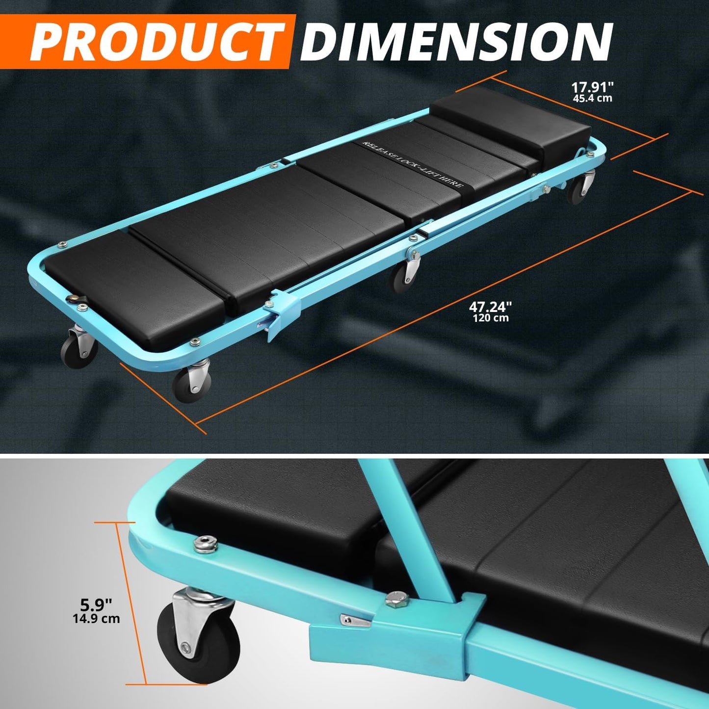 DNA MOTORING 48" 2 IN 1 Folding Rolling Garage Shop Creeper Roller Seat, 7 Pcs 2" Casters, 350 Lbs Weight Capacity, Tiffany Blue, TOOLS-00193-TB