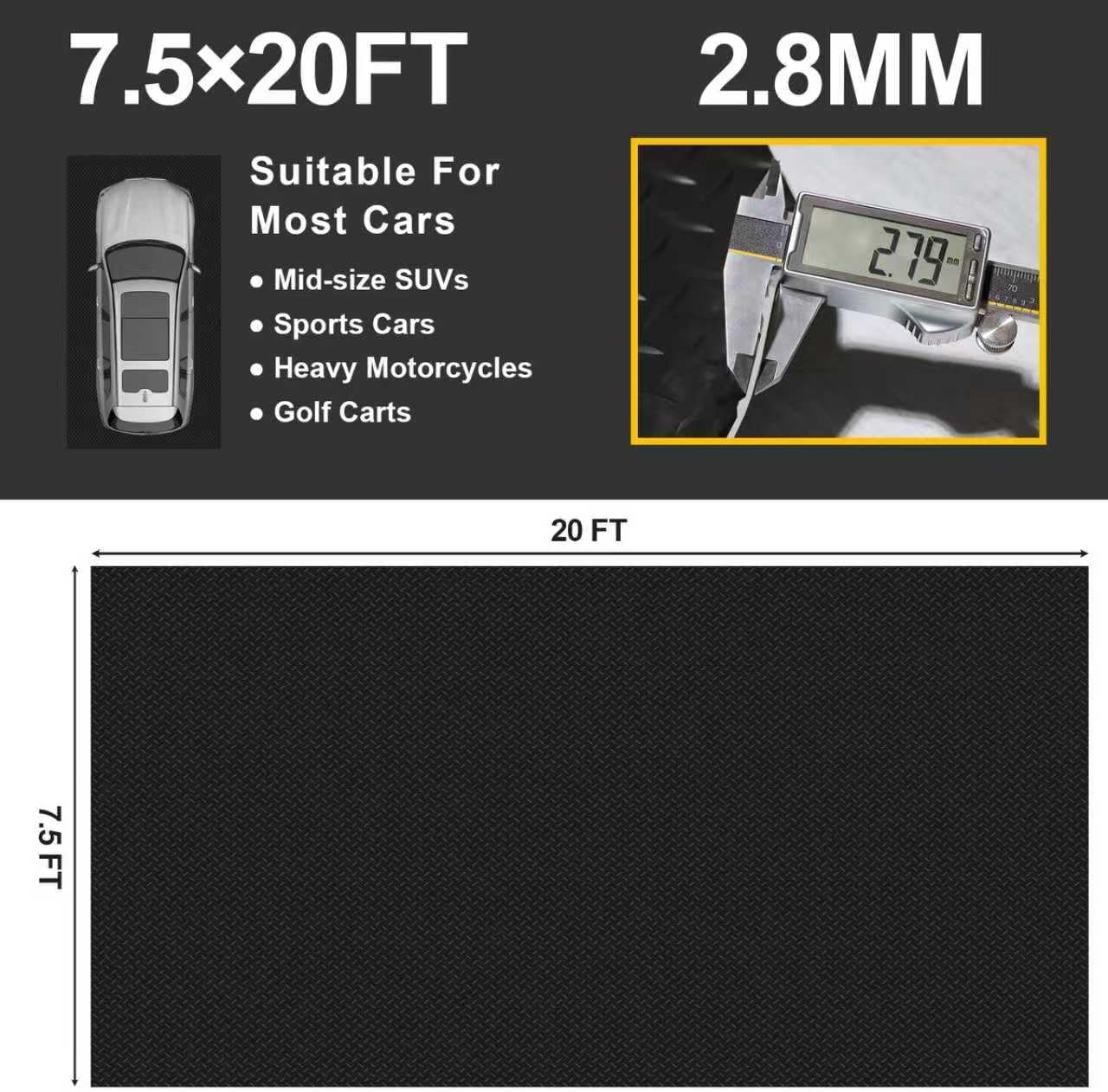 Garage Floor Mat 2.8mm Thickness PVC Garage Flooring Roll Diamond Plate Floor Mats for Garage, Workshop, Gym, Golf Cart Parking or Trailers (Black, 7.5 x 20 FT)