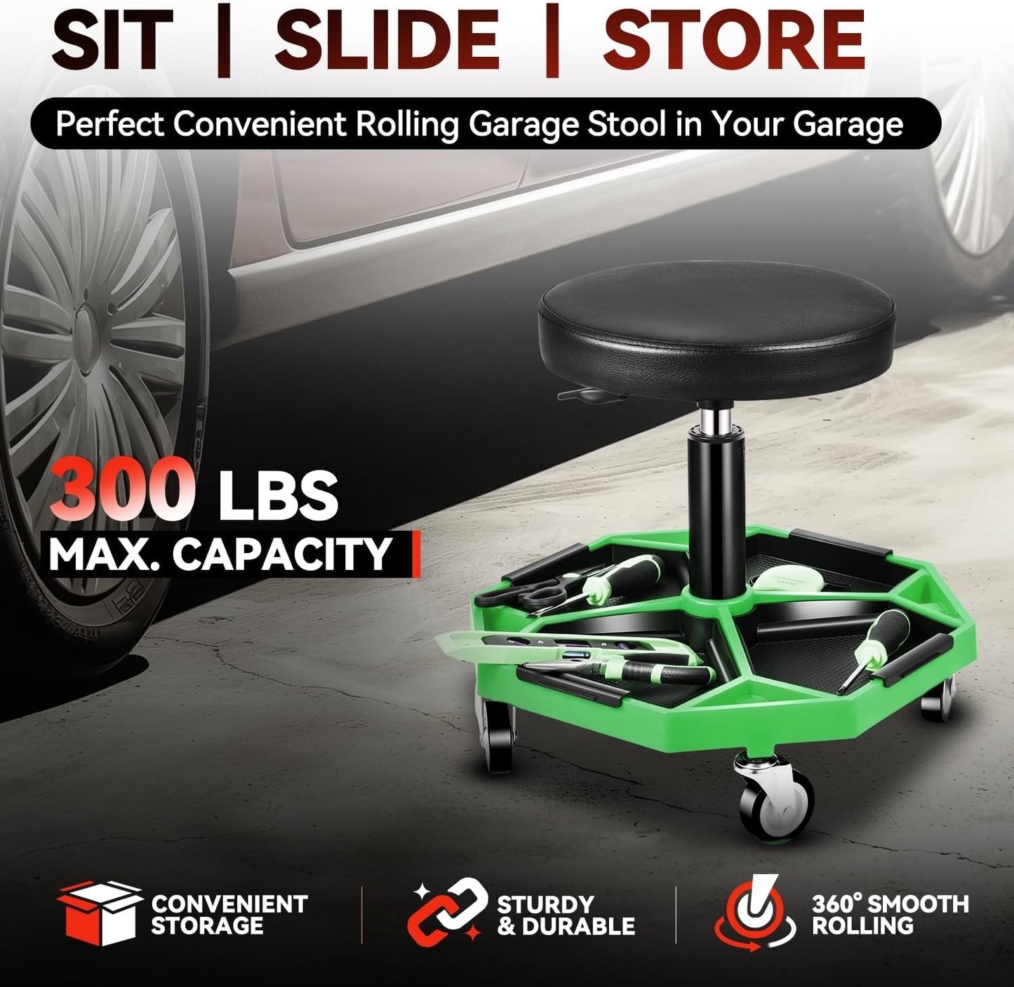 Auto Dynasty Mechanic Stool, Adjustable Rolling Pneumatic Creeper Garage Shop Seat with Tool Tray, 300 LBS Roller Seat for Workshop Auto Repair, Adjustable Height 15.7" to 21", Green