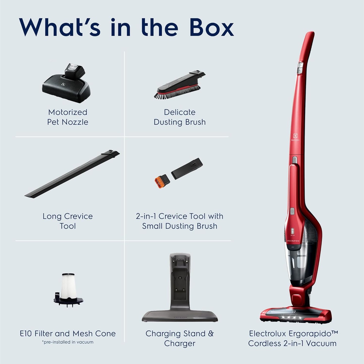 Electrolux Ergorapido Pet Cordless 2-in-1 Vacuum Cleaner with Motorized Pet Nozzle for Easy Pet Hair Removal, 48-Minute Run Time, 2 Power Modes, Chili Red