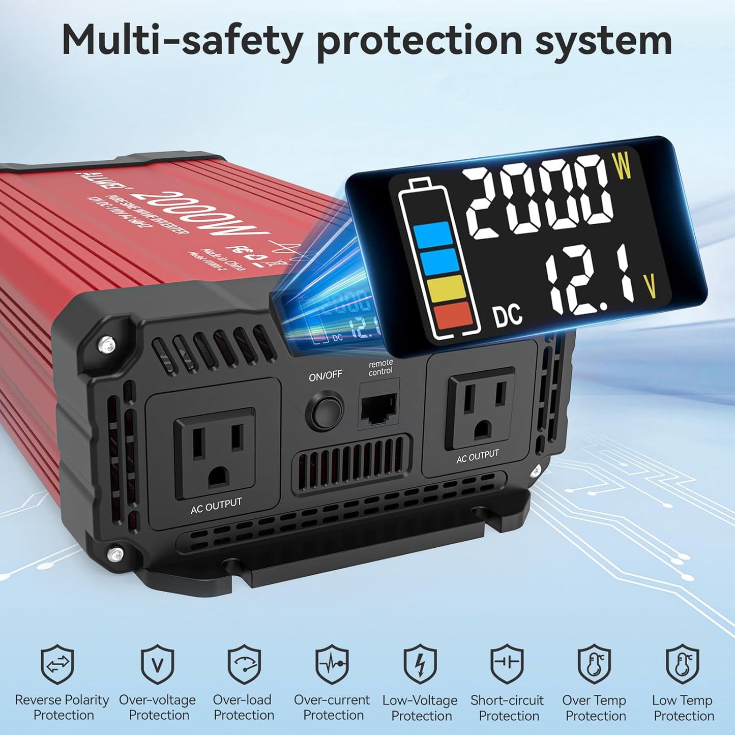 ALLWEI 2000W Pure Sine Wave Inverter 12V DC to 110V AC Converter, Surge 4000W, 2 AC Sockets, LCD Display, Power Inverters for Vehicles, RV, Truck, Home, Solar & Off-Grid Inverter, Remote Controller