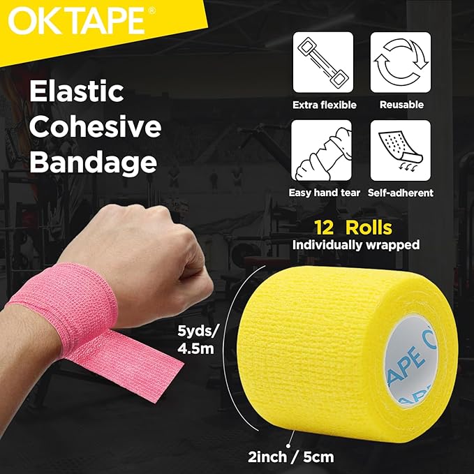 OK TAPE 12 Rolls Self Adhesive Bandage Wrap, Elastic Athletic Tape, Self Stick Bandage Tape, Vet Wrap, Medical Wrap for Wrist, Feet, 2" x 5 Yards