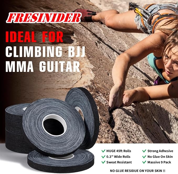 Finger Tape - Strong Athletic Tape | 0.3” x 45 Feet (9 Pack) Tin Set | No Sticky Residue | for Rock Climbing, BJJ Jiu Jitsu, Grappling, Judo, MMA, Rock Climbing and Martial Arts (Black)