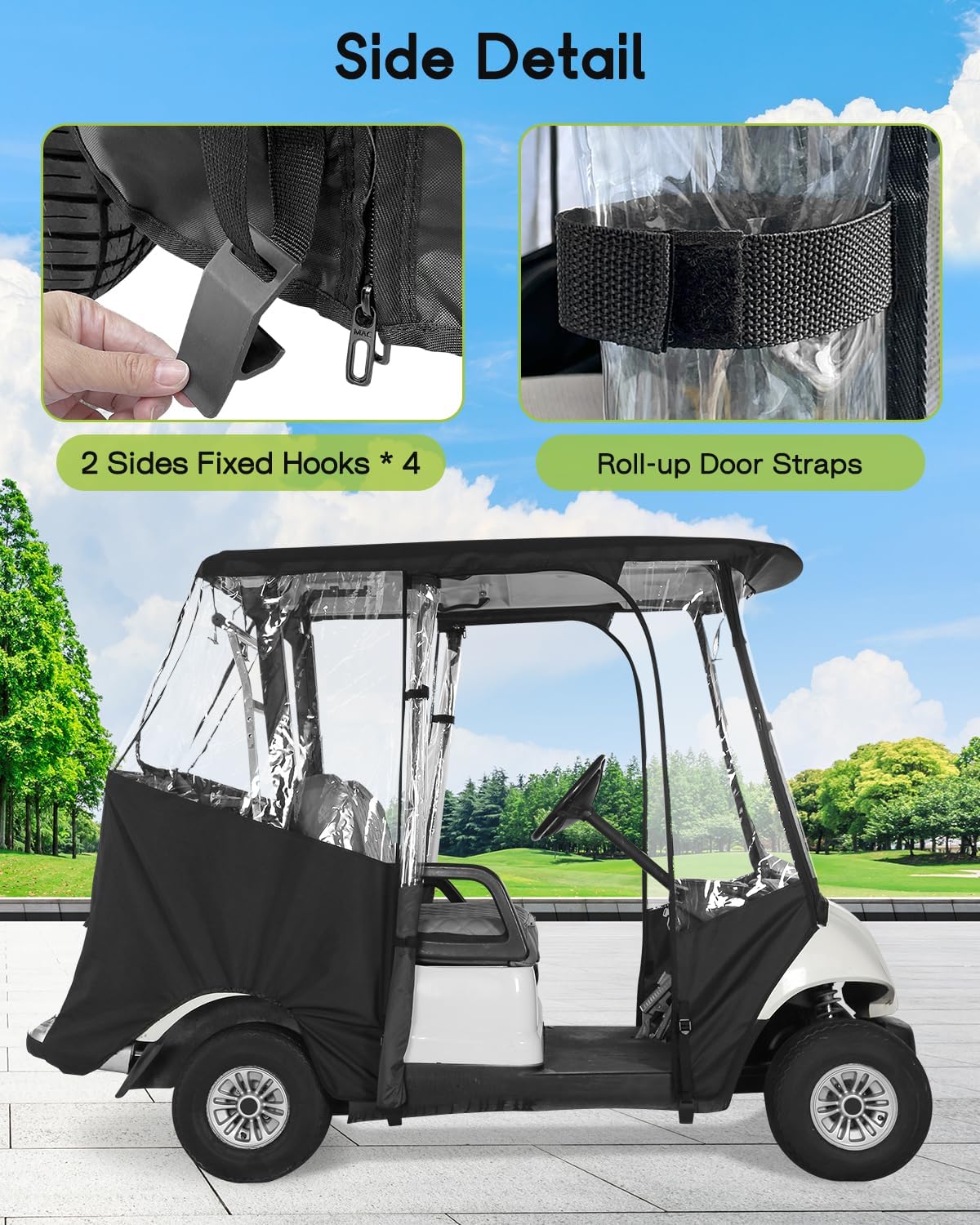 Golf Cart Enclosure 2 Passenger for Yamaha G29 Drive 2 Enclosure Waterproof Windproof Driving Rain Cover Fit 2-Seater Short Roof with 4-Sided Clear Windows Mirror Openings Roll-up Zipper Door Black