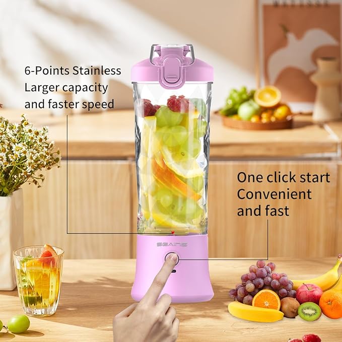 Portable Blender, Personal Blender for Shakes and Smoothies with 20 Oz Travel Cup and Lid, Mini Personal Size Blender with 6 Blades and USB Rechargeable for Gym, Kitchen and Outdoors (Purple)