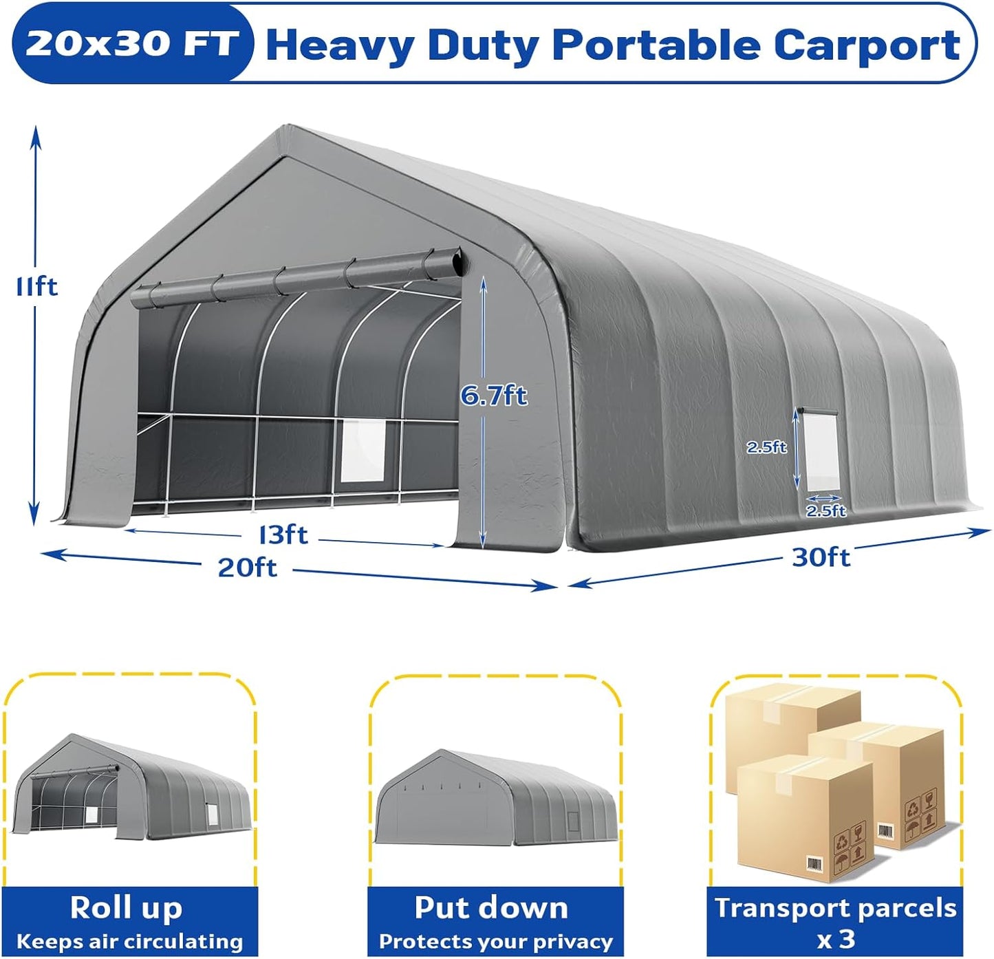 EROMMY 20x30 FT Heavy Duty Durable Carport, Galvanized Steel Frame Garage Shelter and Outdoor Storage, Waterproof 3-Layer PE Cover, Fits 2 Cars, Boat, Farm Equipment, Silver Gray