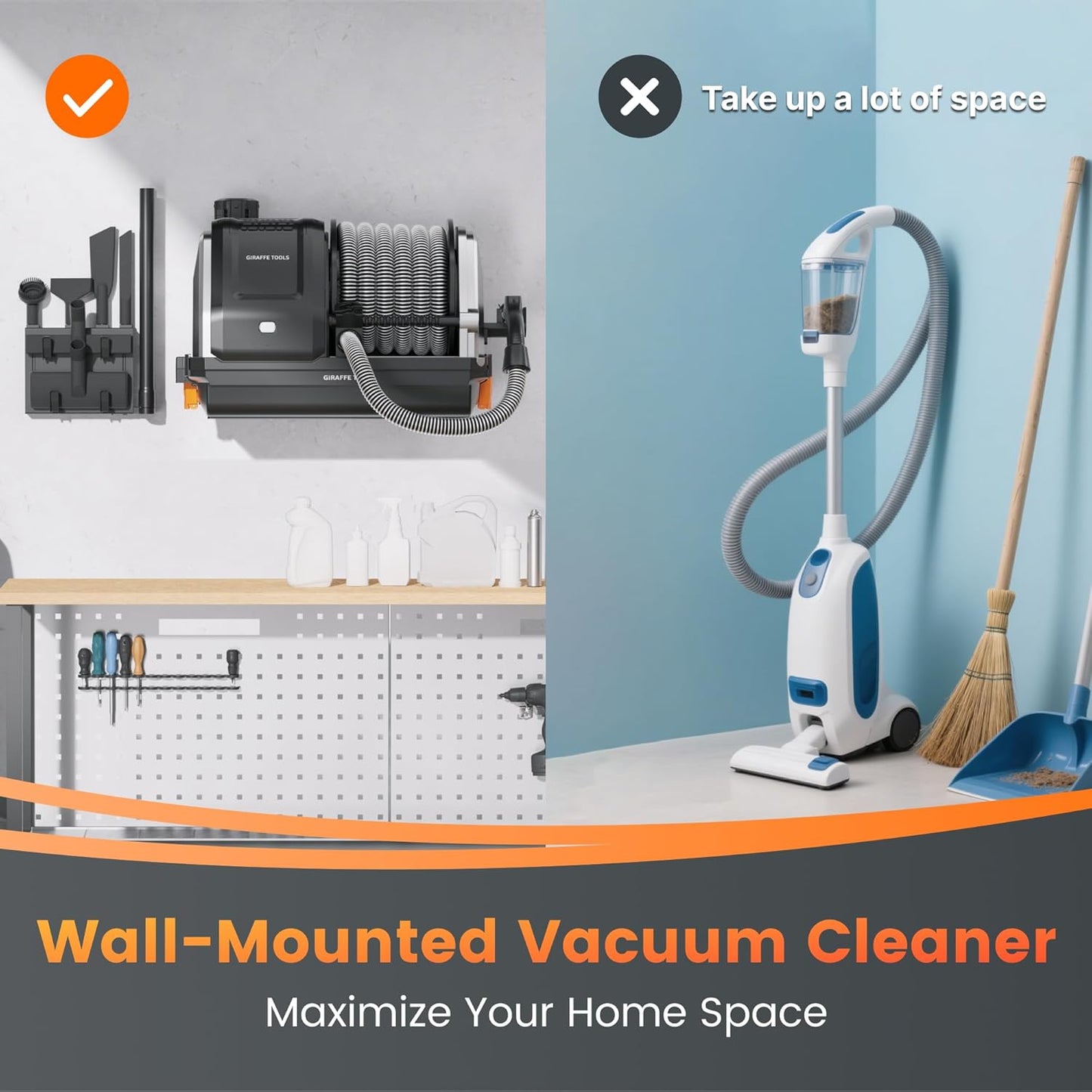 Giraffe Tools Grandstorm Retractable Vacuum Cleaner with 30 FT+ 1 FT Hose Wall Mounted, Wet Dry Vacuum Cleaner with 6 Nozzles for Car Detailing Normal Version, Grey （No Remote Control Funtion）