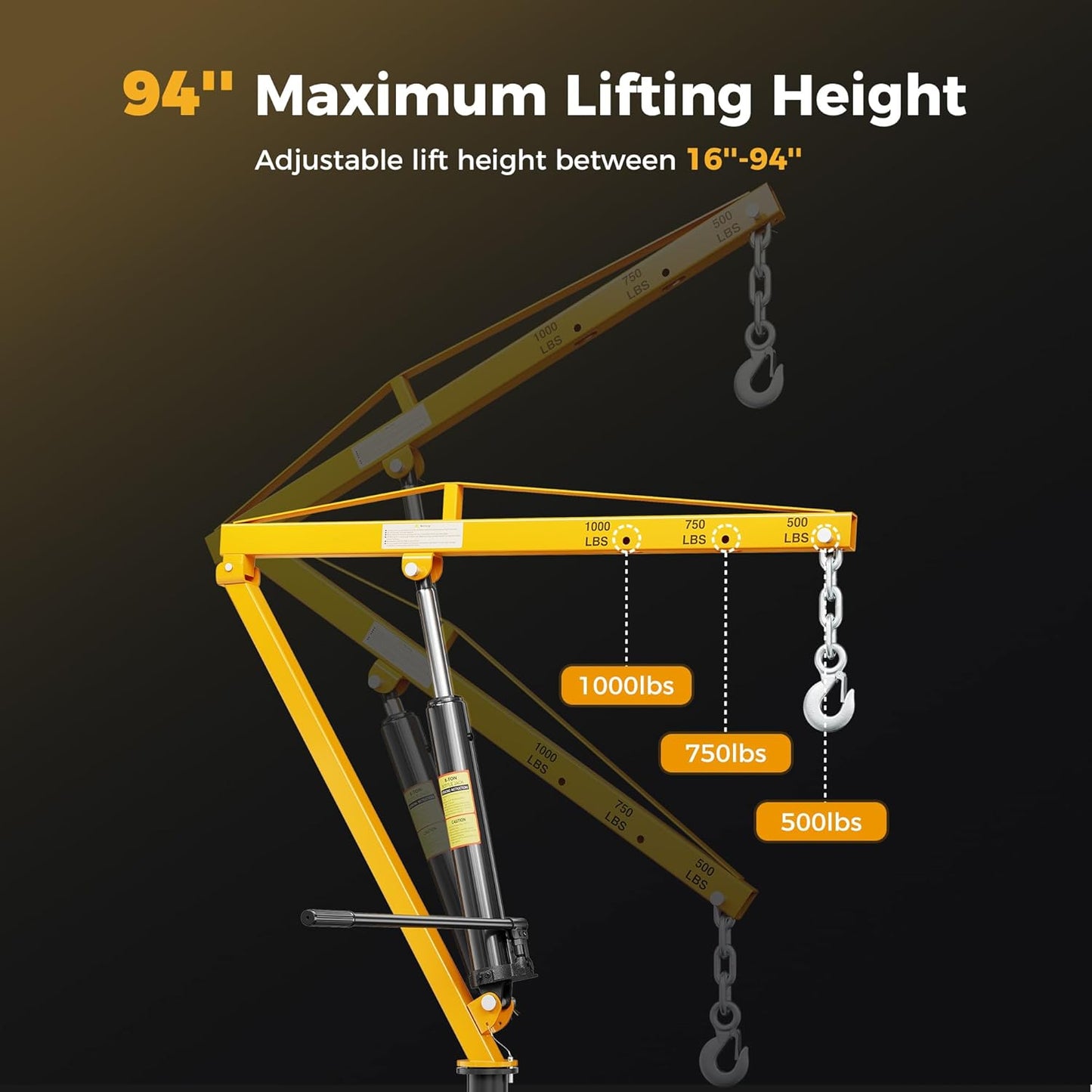 1000lbs Receiver Hitch Mounted Hydraulic 360° Swivel Truck Crane with 3 Boom Capacity Options: 500lbs, 750lbs, 1000lbs. Ideal for Workshops, Construction, Agriculture, and Logging