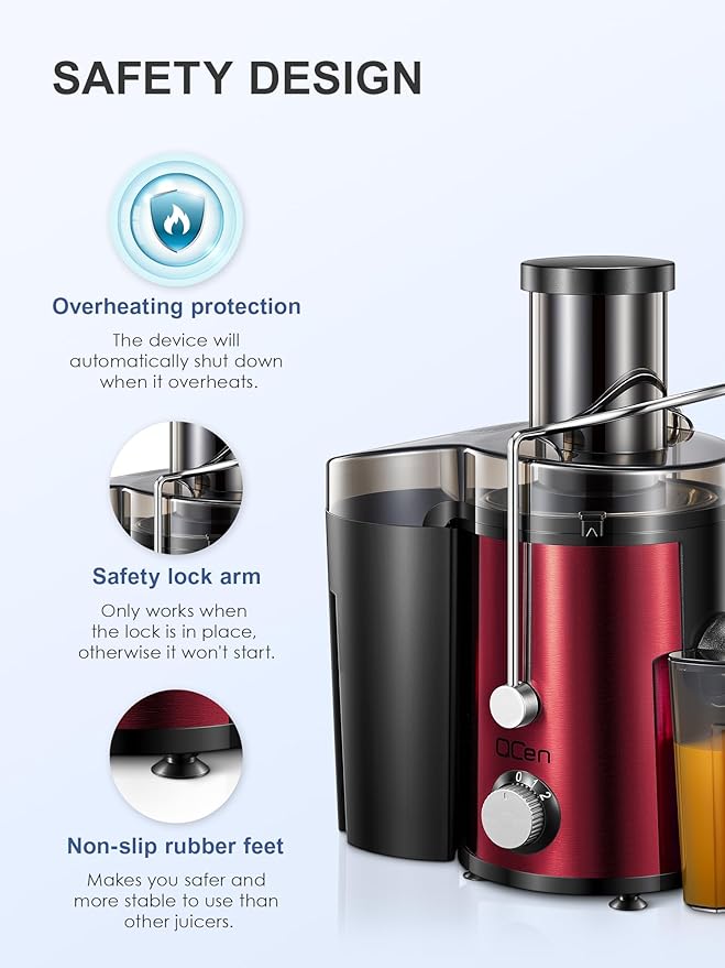 QCen Juicer Machine, 800W Centrifugal Juicer Extractor with Wide Mouth 3” Feed Chute for Fruit Vegetable, Easy to Clean, Stainless Steel, BPA-free (Metallic Red)