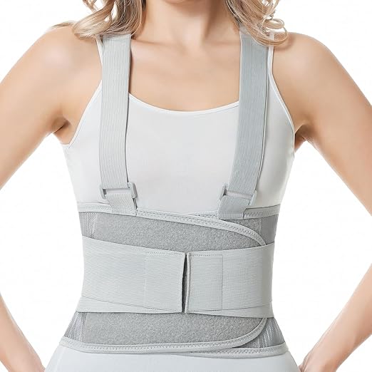 NeoTech Care Back Brace with Suspenders/Shoulder Straps - Light & Breathable - Lumbar Support Belt for Lower Back Pain - Posture, Work, Gym - Grey Color (Size M)