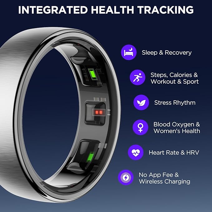 Smart Ring for Women Men, Activity Fitness Tracker with 24/7 Heart Rate Monitor, Waterproof Sleep Tracker Fitness Ring, Step Counter, Calorie Pedometer, No APP Fee,for iOS Android (Silver,#8)