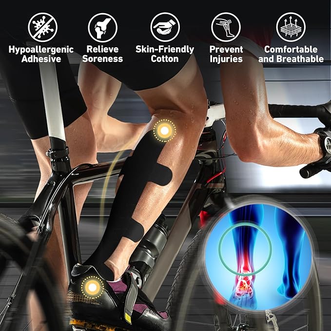 Kinesiology Tape for Achilles Tendon, KTQUICK 12 Count Achilles Tendon Tape Precut, Original Cotton Waterproof&Breathable, Enhance Elastic Kinesiology Athletic Tape for Achilles&Muscle Support(Black)