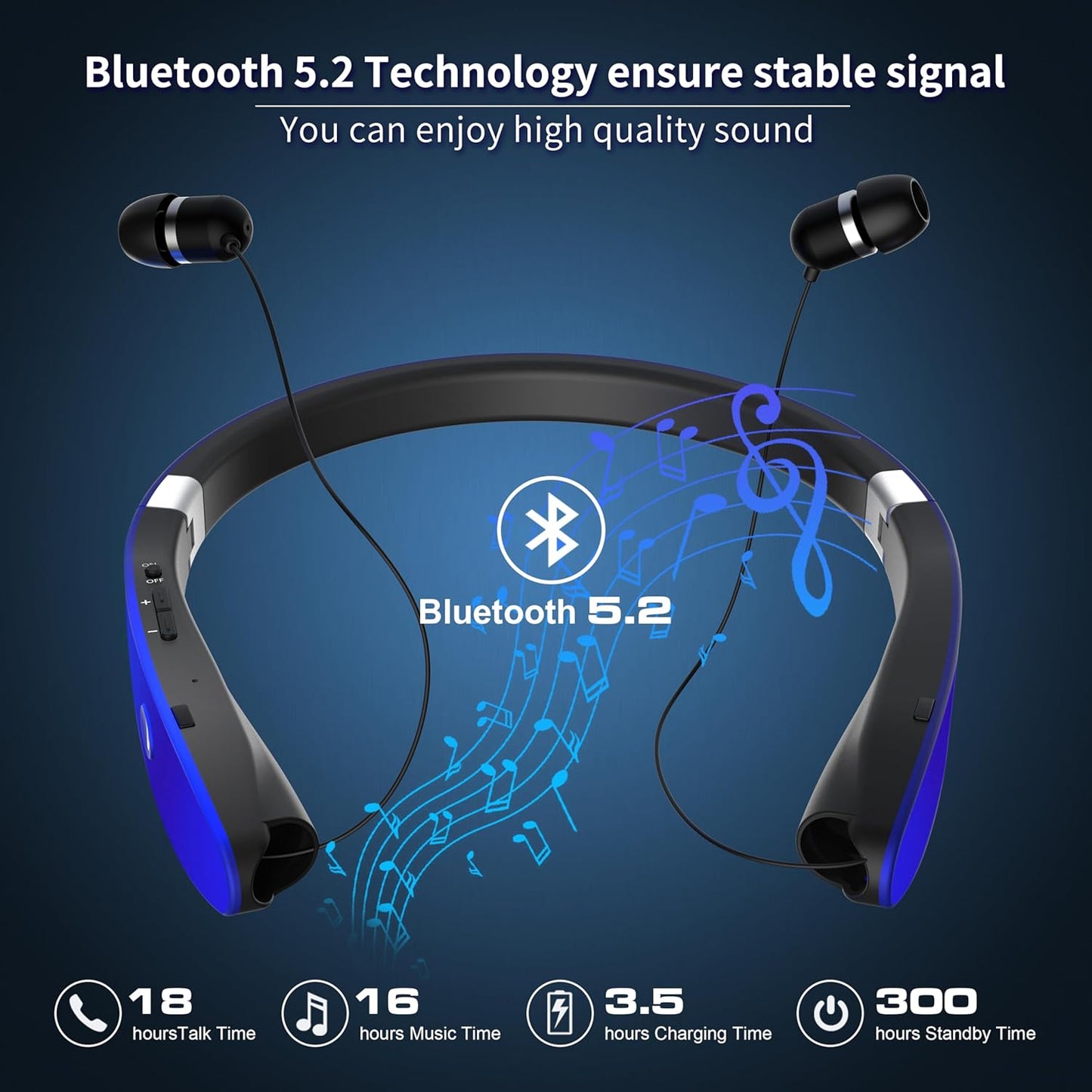 AMORNO Foldable Bluetooth Headphones Wireless Neckband Headset with Retractable Earbuds, Sports Sweatproof Noise Cancelling Stereo Earphones with Mic (Blue)