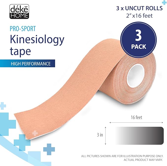 Deke Home - Kinesiology Tape Rolls (3 Pack), Uncut 2" x 16ft Athletic Tape, Strong Adhesive, Waterproof Sports Tape for Injuries, Knee, Ankle, Muscle, Joint, Latex-Free