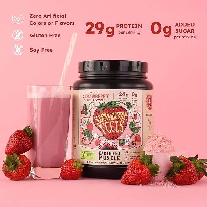 Earth Fed Muscle Strawberry Feels (Forever) – Irish Truly Grass‑Fed Whey Protein Isolate, No Sugar, Soy‑Free, Gluten‑Free (2 lb, 29 Servings, Strawberry)