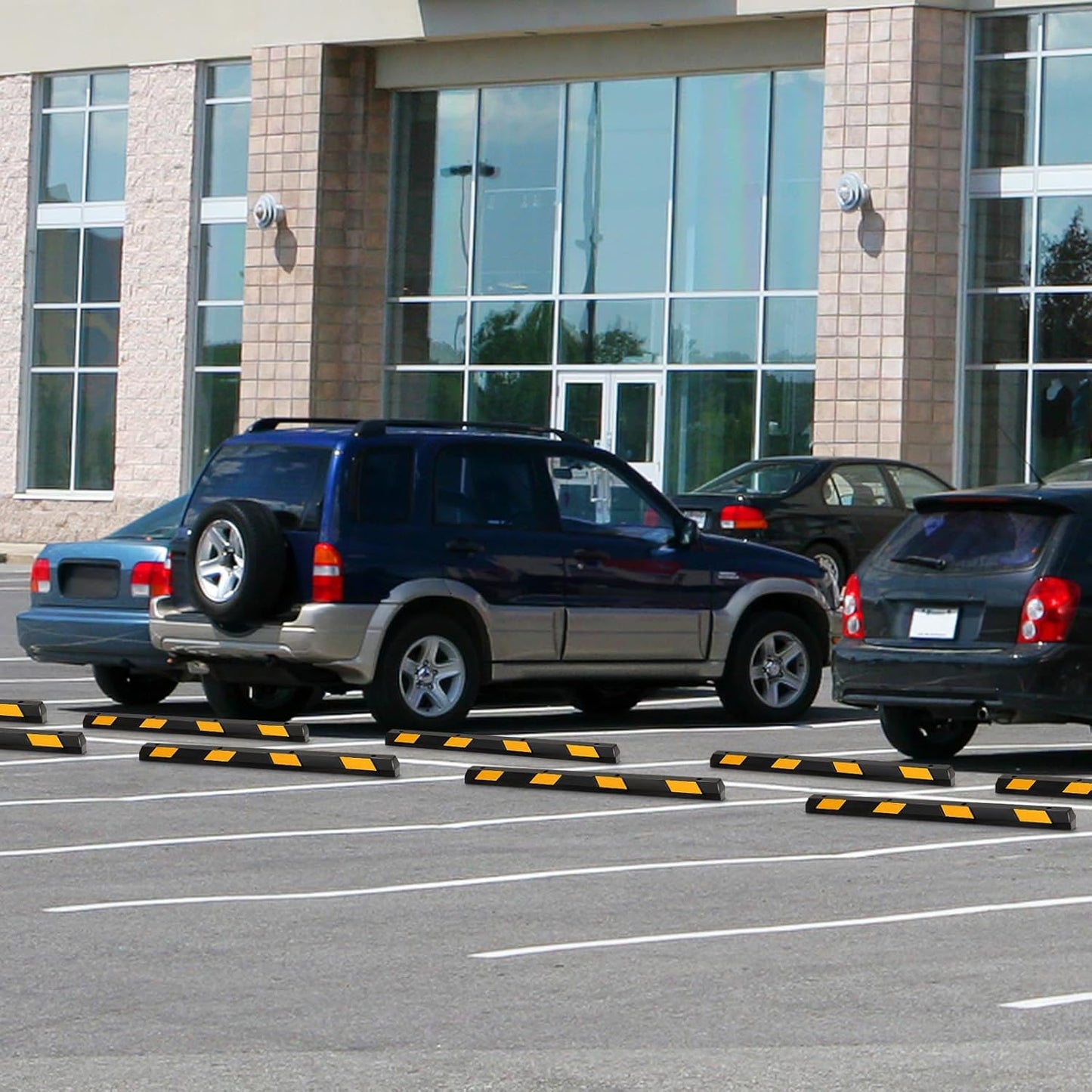 Rubber Parking Curb Garage Floor Stopper, 72" Heavy Duty Parking Lot Stopper with Yellow Reflective Stripes, Guide Wheel Stopper for Car, Truck, RV, Trailer, Driveway (4 Pack)