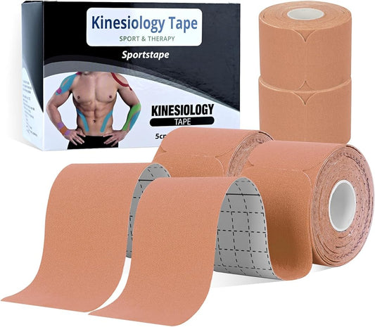 Kinesiology Tape Precut, Lychee Elastic Cotton Athletic Tape for Joint Support and Muscle Pain Relief Waterproof Breathable (Beige,4 Rolls)