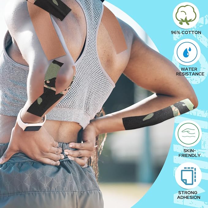 2 Rolls Kinesiology Tape, Waterproof Kinetic Tape 1.97 in x 16.4 ft, Uncut Cotton Elastic Athletic Strips for Knee, Shoulder, Ankle, Muscle Support (Complexion and Green Camouflage)