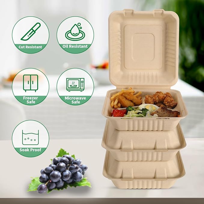 Aricsen 100 Pack 3 Compartment Compostable 8x9 Inch Takeout Lunch Box Containers with Lid To Go Take Out Clamshell for Food, Disposable Eco-Friendly Biodegradable Bagasse, PFAS-Free, Brown