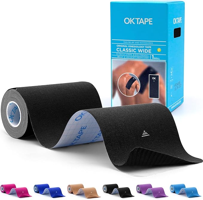 OK TAPE Extra Wide Kinesiology Tape, Precut K Tape Strips, Elastic Physical Therapy Athletic Tape for Pain Relief & Joint Support | Back, Shoulder, Knee (4" x 10" - 10Pcs) Black