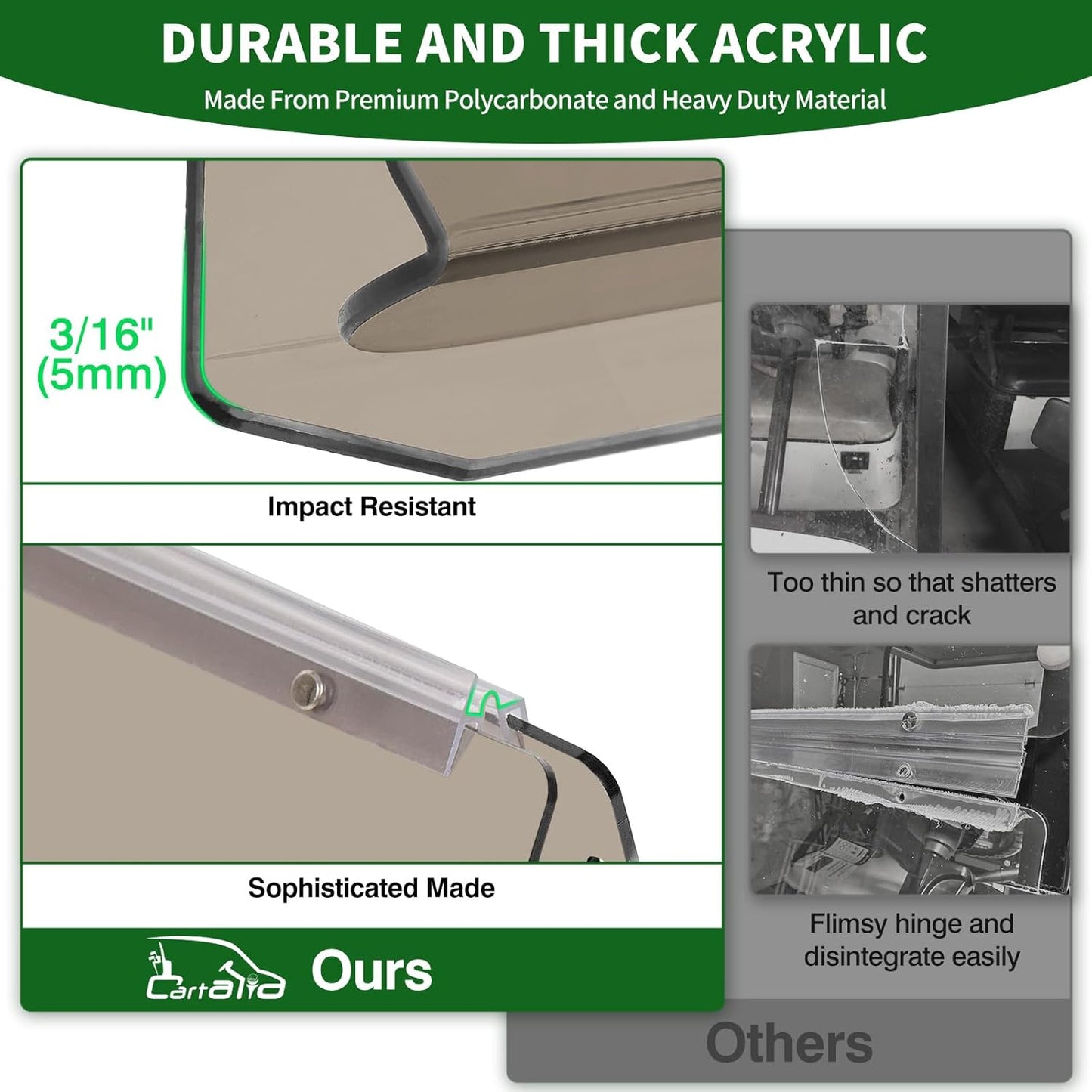 Golf Cart Foldable Windshield 3/16" (5MM) Thicken Only Fits 2003-2006 Yamaha G22, Fits 1"×1" Strut Rail Front Folding Acrylic Windshield Replacement, Included Mounting Hardware - Tinted