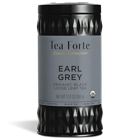 Tea Forte Earl Grey Premium Organic Loose Leaf Caffeinated Black Tea Blend Canister, Makes 35-50 Cups