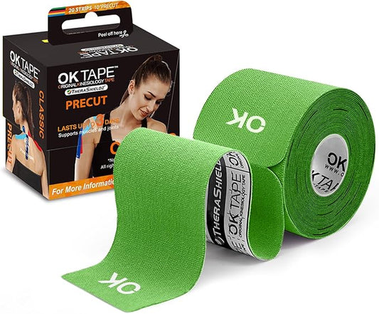 OK TAPE Kinesiology Tape 10 inches Precut, 20 Strips, Cotton Elastic Athletic Tape Latex Free, 2in x 16ft, Green