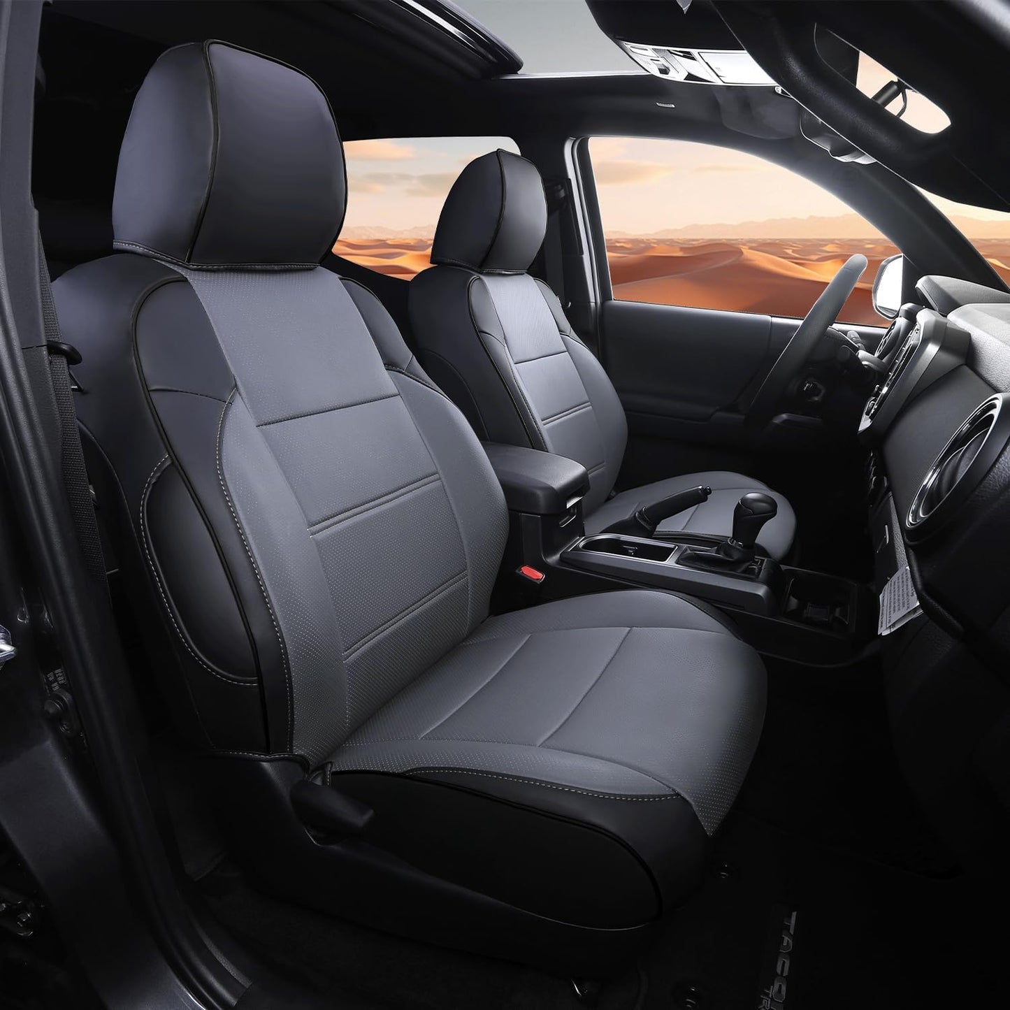 Car Seat Covers Full Set for Toyota Tacoma Double & Crew Cab 2023 2022 2021 2020 2019 2018 2017 2016 Tacoma Interior Accessories Premium Faux Leather Breathable Waterproof (Black+Gray)