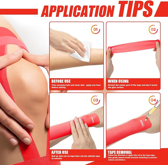 CKeep 4 Rolls Kinesiology Tape, Original Cotton Elastic Athletic Tape, 20 Precut 10" Strips Each, Red, Ideal for Muscle Support & Injury Prevention