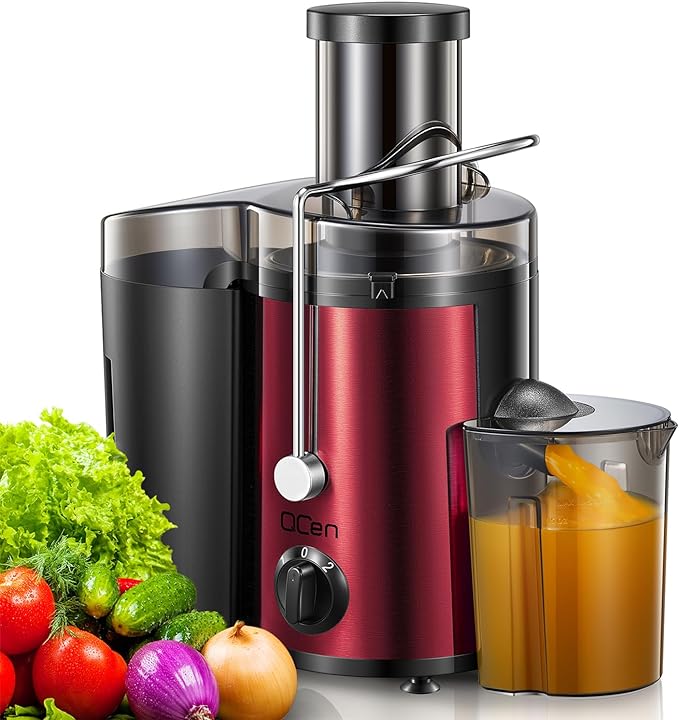 QCen Qcen Juicer Machine, 500W Centrifugal Juicer Extractor with Wide Mouth 3'' Feed Chute for Fruit Vegetable, Easy to Clean, Stainless Steel, BPA-free (Metallic Red)