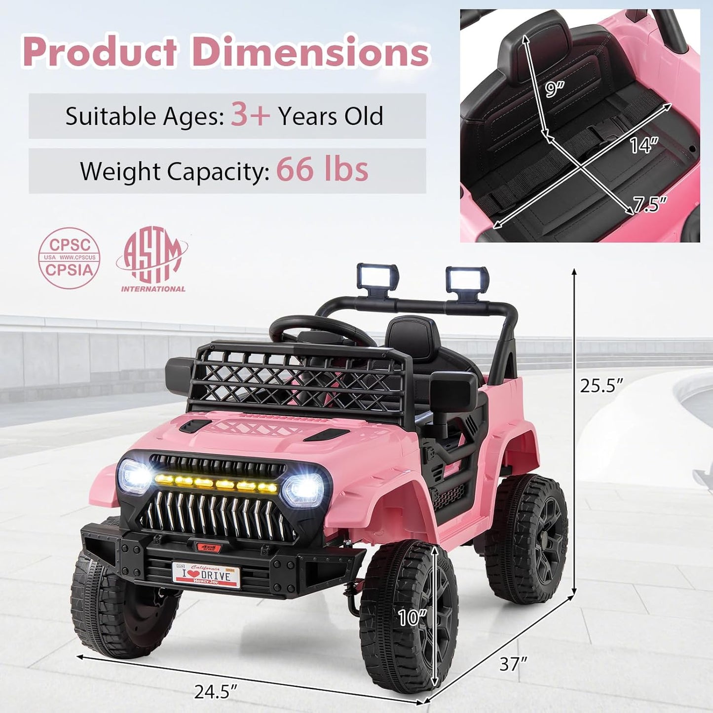 Costzon Kids Ride On Truck, 12V Battery Powered Electric Vehicles w/Remote Control, Spring Suspensions, 3 Speeds, Music, Lights, Wireless Connection, Ride on Car for Boys & Girls 3+ (Pink)