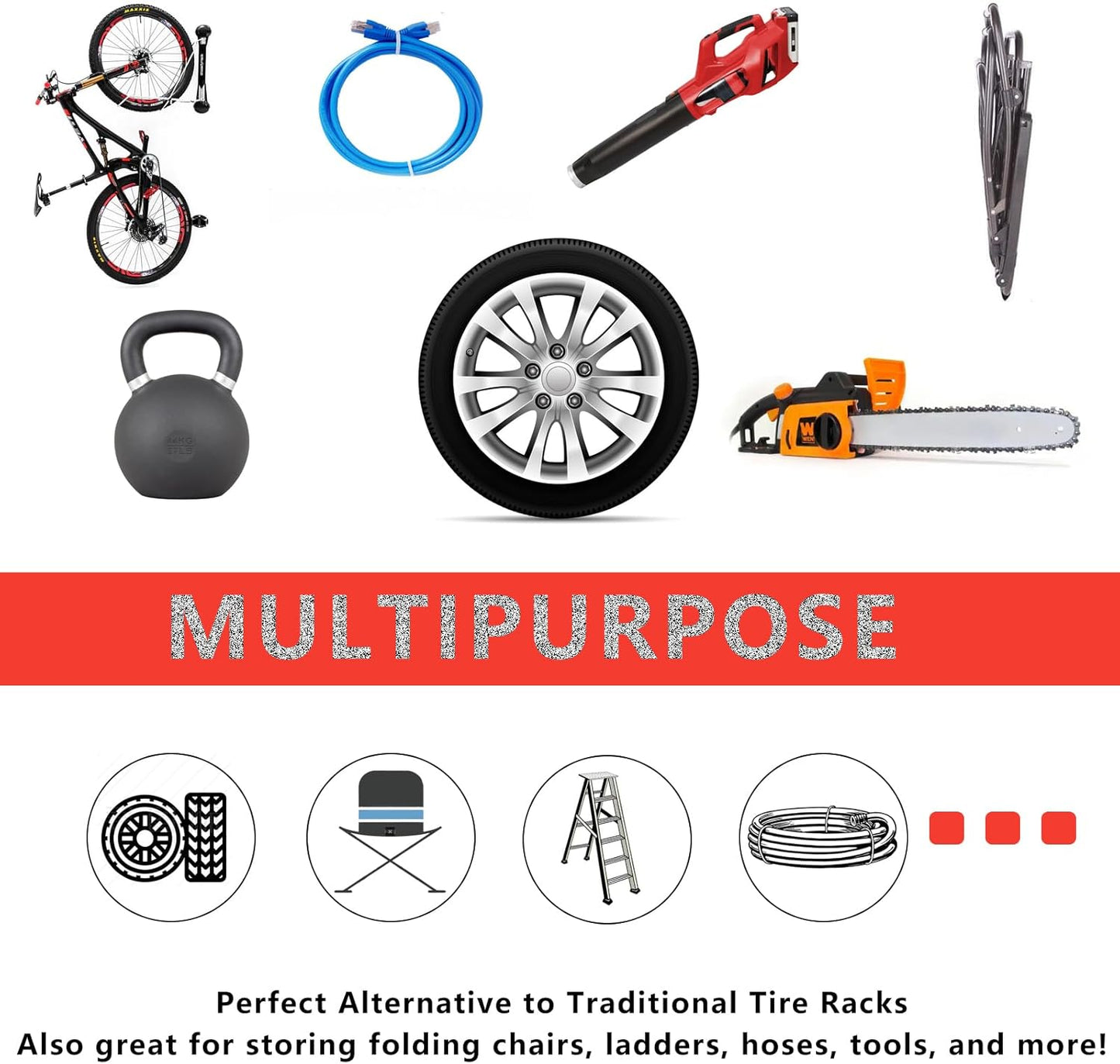 4 Pcs Wall Mount Garage Tires Hooks, 10 Inch Heavy Duty Steel Garage Storage Hooks with Anti-Slip Coating, Hang Tools for up to 88Lbs, for Car Tires, Ladders, Chairs, Ropes