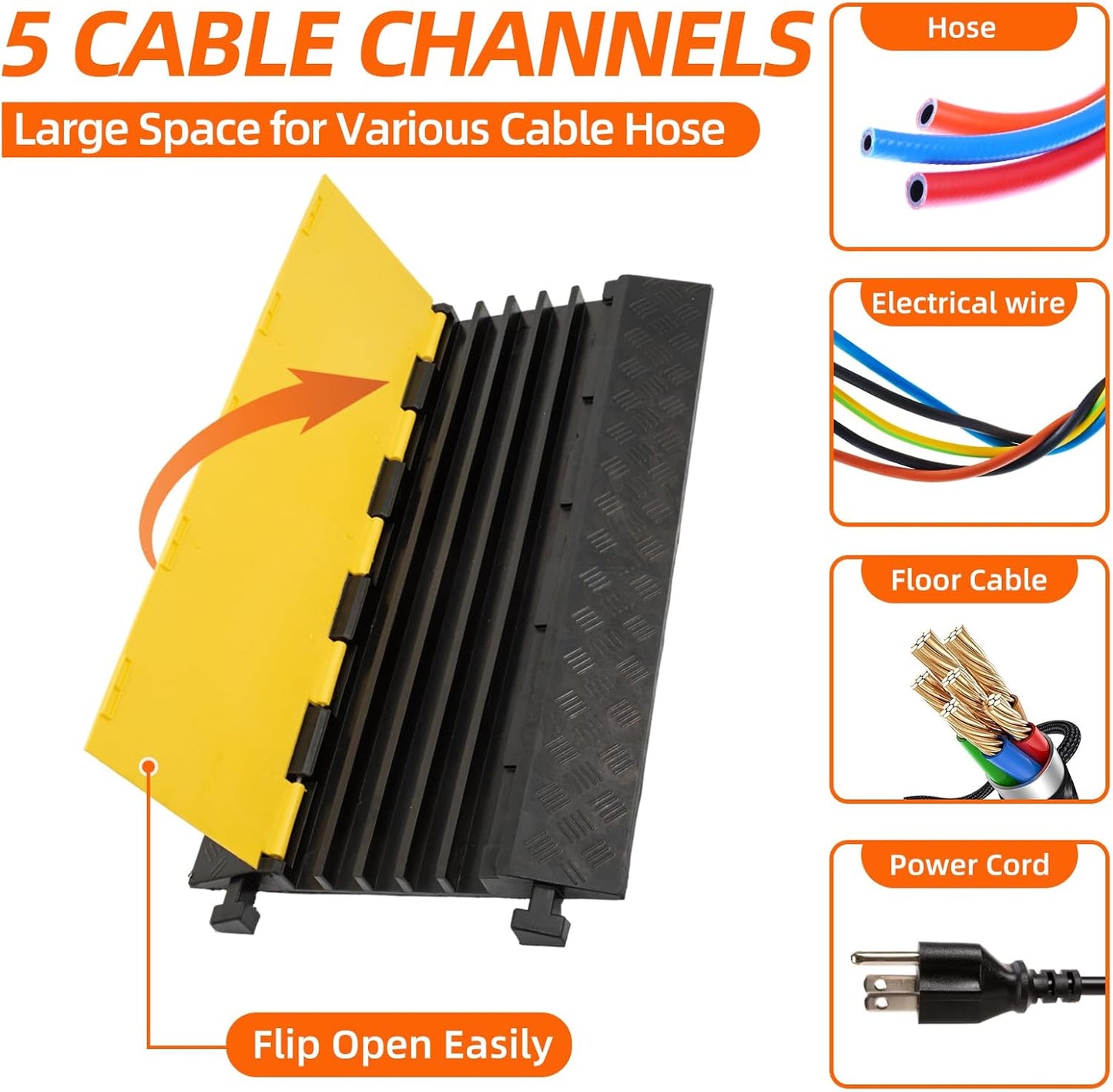 5 Channel 2 Pack Cable Protector Ramp Traffic Wire and Hose Ramp Cord Cover Heavy Duty Channels 18,000 lbs Load Capacity Cable Wire Ramp Speed Bump Driveway Cable Ramp Protective Cover
