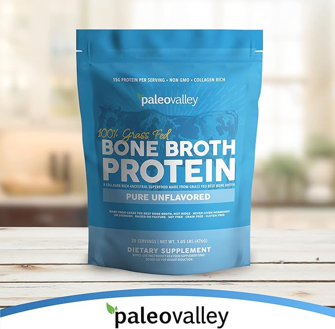 Paleovalley 100% Grass Fed Beef Bone Broth Protein Powder - Rich in Collagen Peptides for Hair, Skin, Gut Health, Bone and Joint Support - 28 Servings, 15g Protein Per Serving - No Gluten or GMOs