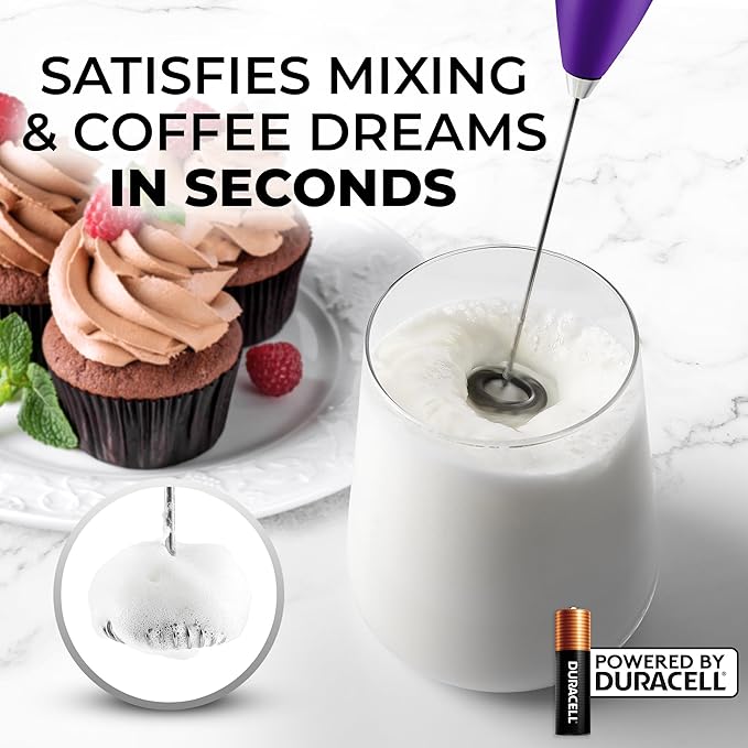 Zulay Powerful Milk Frother (4 Duracell Batteries Included) - Handheld Milk Frother Wand Drink Mixer for Coffee - Powerful Milk Foamer for Cappuccino, Frappe, Matcha & Coffee Creamer - Deep Purple