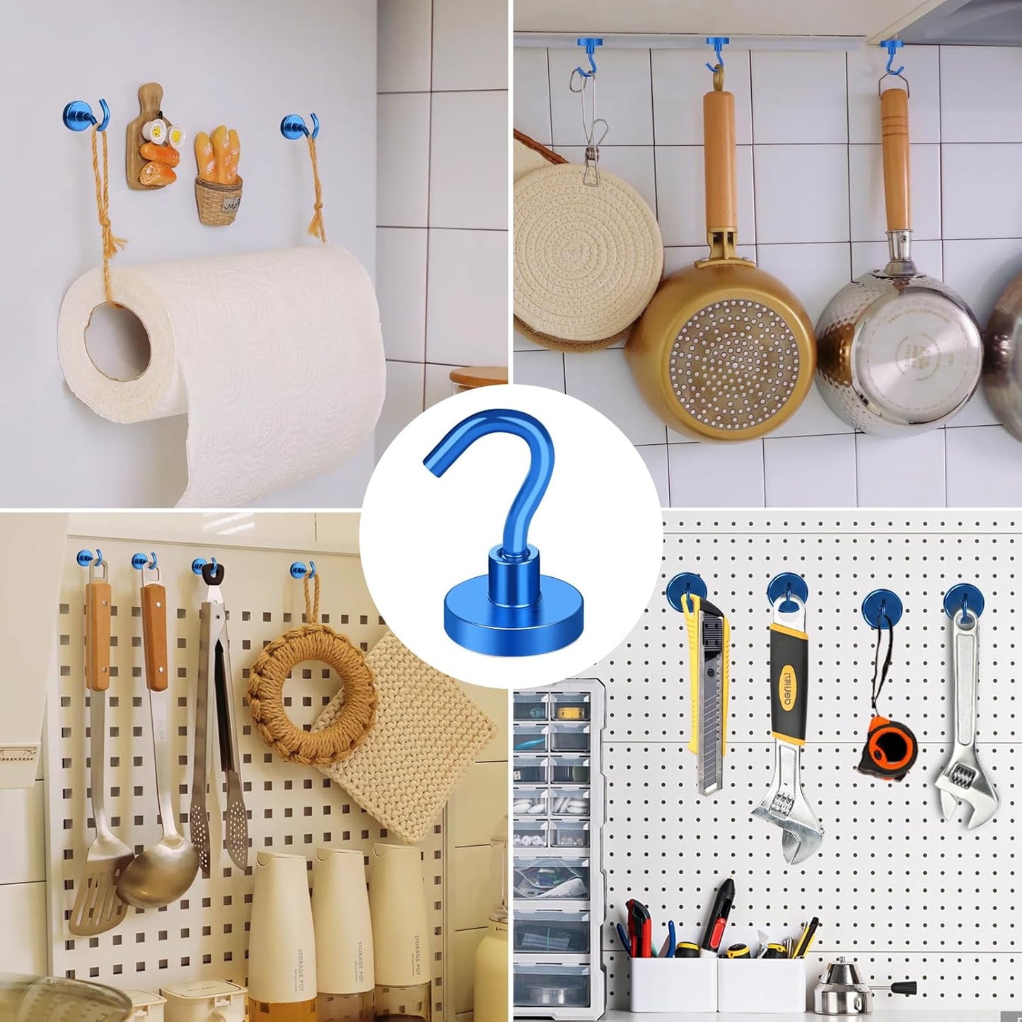 MIKEDE Magnetic Hooks Heavy Duty, 28LB+ Strong Magnets with Hook for Fridge, Neodymium Extra Strength Industrial Hooks for Hanging, Magnetic Hanger for Toolbox, Cruise, Grill(Blue,4 Pack)