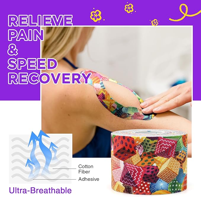 OK TAPE Patterned Kinesiology Tape, Elastic Physical Therapy Athletic Tape for Pain Relief & Muscle Support, Uncut Kinetic Tape, 2in x 16.4ft- 2 Rolls (Geometric)