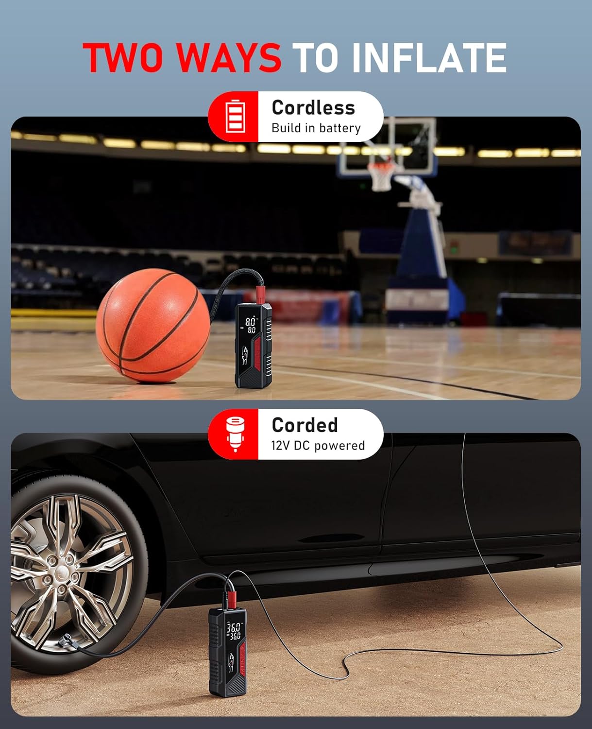 Tire Inflator Portable Air Compressor, Cordless Air Pump for Car Tire 150PSI, Battery & 12V DC, Electric Bike Pump with Pressure Gauge, Auto Shutoff, for Bicycle, Ball, Motorcycle Accessories