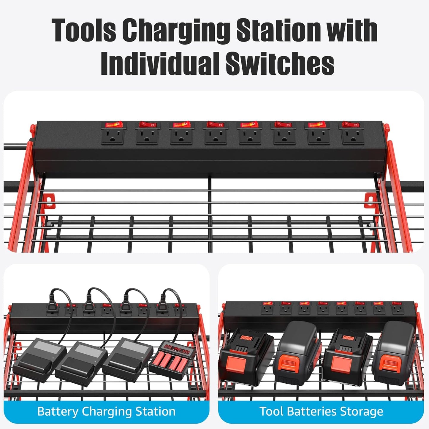 CCCEI Red Power Tool Organizer Wall Mount, Large Tools and Battery Storage Rack Charging Station Individual Switches. Drills Holder, Garage Utility Shelves with 6FT Power Strip. Gift for Men.