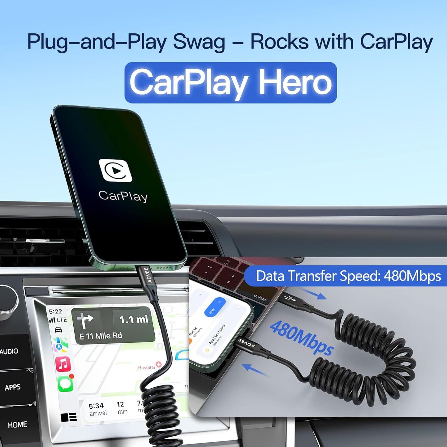 AGVEE 2 Pack 3ft Coiled Short USB-C to Lightning Charging Cable [MFI Certified] 30W PD Fast Charger Cord in Car for iPhone 14/13/12/11/XS/8/7/6/5 CarPlay, iPad, iPod, Black