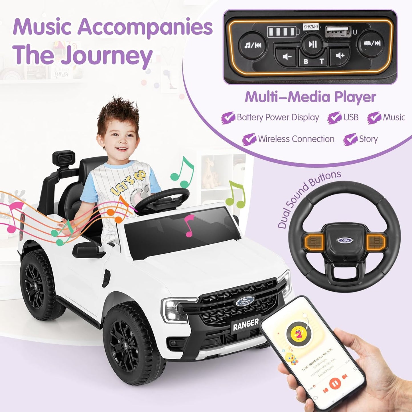 HONEY JOY Ride On Car, 12V Licensed Ford Ranger Electric Vehicle for Kids, Spring Suspension, Music & 3 Speeds, Horn, LED Lights, Battery Powered Ride On Toy with Remote Control(White)