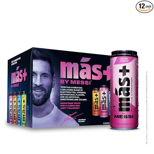 Más+ by Messi 12oz Variety Pack, Sports Drink & Hydration Beverage, Natural Flavors with Vitamins and Electrolytes, No Artificial Sweeteners or Colors, 12-pack